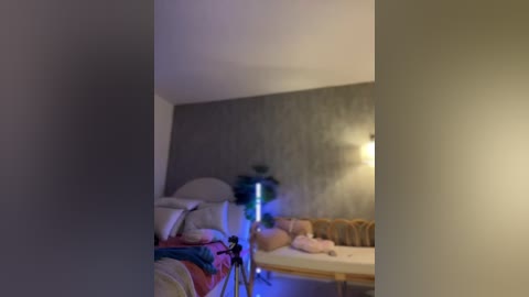 Media: A dimly lit video of a cluttered bedroom with a messy bed, a tall lamp, and a blue light source.