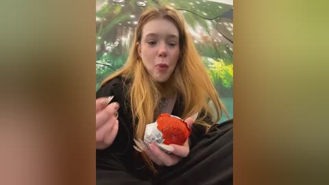 Media: Video of a young woman with long, wavy, blonde hair, wearing a black jacket, eating a strawberry with a white and red pattern. She has a neutral expression. Background features a green and yellow tree.