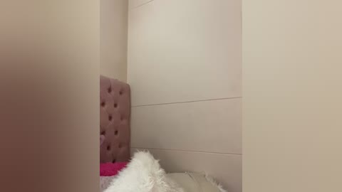 Media: Video of a corner of a bedroom with a plush, tufted pink headboard, beige walls, and a fluffy white pillow on a bed, with a faint pink blanket visible.