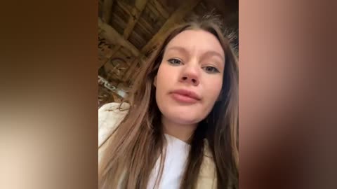 Media: Video of a young woman with long brown hair, fair skin, and green eyes, wearing a white top, standing in a rustic wooden room with beams and wooden furniture.