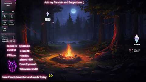 Media: Video of a serene, moonlit forest clearing with a campfire, tall trees, and glowing chat messages in the upper left corner.