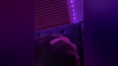 Media: Video of a dimly lit room with purple lighting. A person with light skin and short hair sits on a bed, partially obscured by a pillow. Vertical blinds cover a window behind them, with a string of purple fairy lights above.