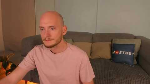 Media: Video of a bald, bearded Caucasian man in a light pink t-shirt, seated on a gray couch with beige pillows and a \"Wesbet\" pillow. A decorative pumpkin sits on the couch.