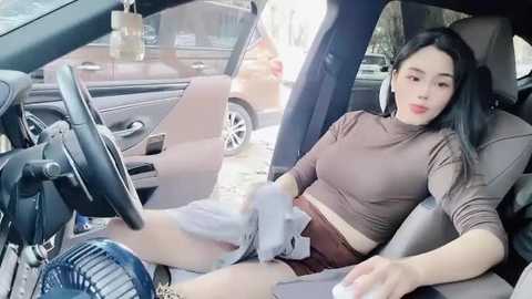 Media: Video of a young Asian woman with long black hair, wearing a brown top and shorts, sitting in a car, legs spread, with a fan blowing at her crotch.