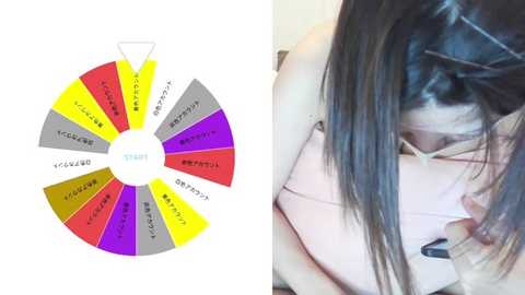 Media: A video of a young woman with long black hair, wearing a pink top, lying on her side, partially obscured by a colorful, radial wheel of cards.