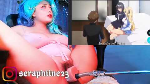 Media: A collage of three explicit images featuring a pale-skinned woman with blue hair in a pink lingerie, a blonde man in a suit, and a blue-haired man holding a whip, with the username \"seraphine23\" displayed.