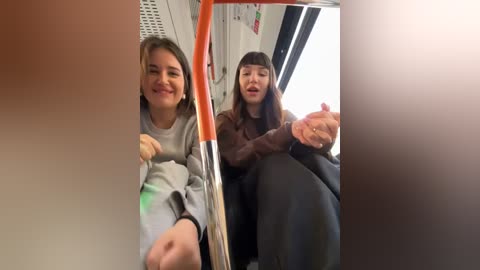 Media: A video of two young girls on a subway train. One wears a gray sweater, the other a brown sweater, both smiling. Background includes orange handrails, white walls, and a window.