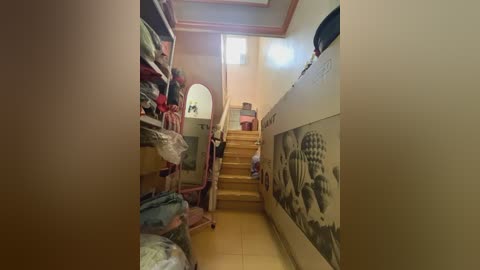 Media: Video of a narrow, cluttered hallway with beige walls and a wooden staircase. Shelves on both sides hold various items, including clothing, plastic bags, and posters.