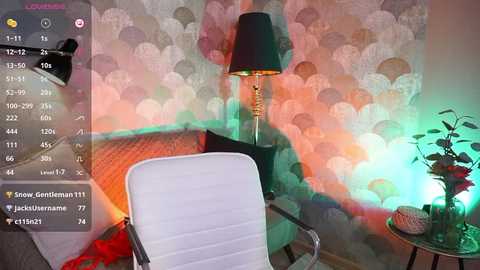 Media: Video of a modern living room with a white recliner chair, a green lamp, and a colorful patterned wallpaper. The image includes a temperature gauge on the left.