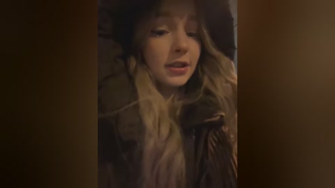 Media: Video of a young woman with long, blonde hair, wearing a dark jacket and scarf, standing in a dimly lit, brown-toned room, looking contemplative.