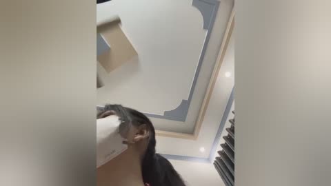 Media: A video of a young woman with dark hair, wearing a black top, cleaning a ceiling with a white cloth, standing on a ladder in a modern room with light-colored walls and a decorative ceiling.