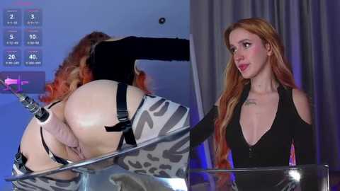 Media: A video shows a red-haired woman in a black dress standing beside a zebra-striped, glass-walled enclosure where a nude, bound woman with a dildo is displayed.