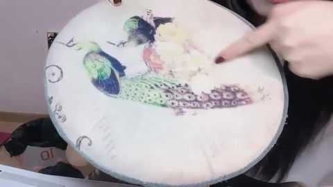 Media: A video of a person holding a painted drum head featuring a colorful peacock design, with a hand pointing at it. The background includes a partially visible black dog and a white wall.