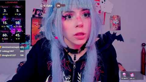 Media: Video of a young woman with light blue hair, wearing a black hoodie, and a choker. Background shows a gaming setup with a live stream display.