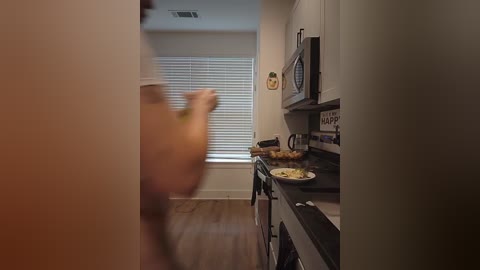 Media: A blurry video captures a person in motion, walking into a modern kitchen with stainless steel appliances, a microwave, and a window with blinds. The room is well-lit and has a wooden floor.