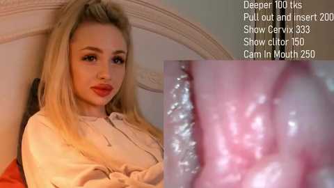 Media: A blonde woman with red lipstick, wearing a beige shirt, sits on a bed; close-up of a vaginal canal, showing cervix and inner walls.