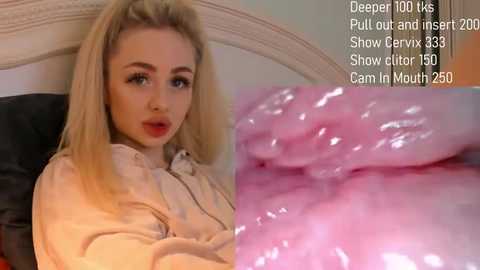 Media: Video of a young blonde woman with fair skin, wearing a beige jacket, sitting on a black couch. Close-up of a pink, moist cervix with white discharge. Text overlays provide details about the scene.