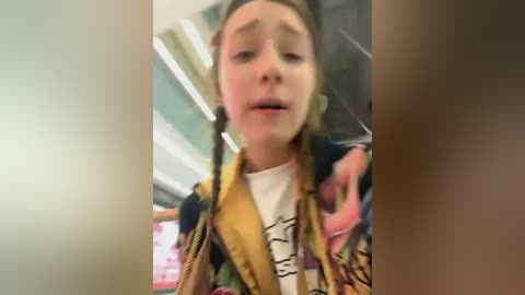 Media: Video of a young child with light skin, wearing a colorful, patterned jacket over a white shirt, with slightly blurred background showing a store interior.