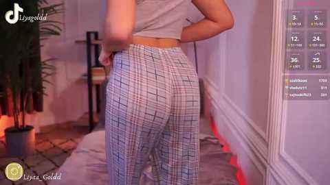 Media: A video of a woman in a gray crop top and plaid pants, standing in a dimly lit room with a digital music player interface in the background.