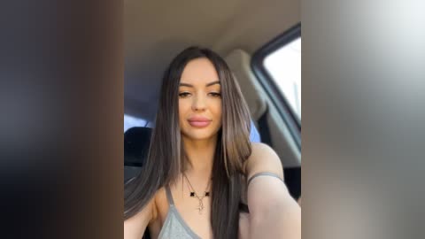 Media: Video of a young woman with long, straight brown hair, wearing a grey tank top, sitting in a car, looking at the camera with a slight smile.