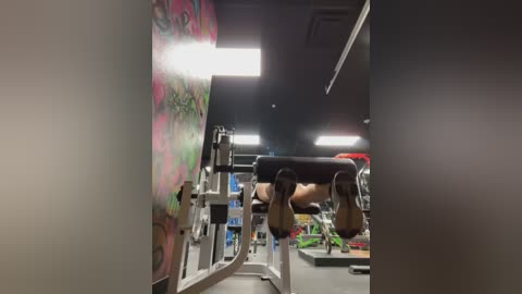 Media: Video of a woman with medium-dark skin tone, wearing a black sports bra and shorts, doing pull-ups on a weight machine in a dimly-lit gym. The background features colorful murals, exercise equipment, and fluorescent lights.