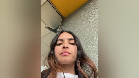 Media: Video of a young woman with long, wavy brown hair, light brown skin, and full lips, standing in a beige-walled bathroom with a yellow ceiling. She wears a white top and has a neutral expression.