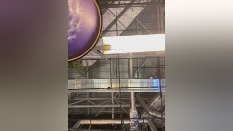 Media: Video of an industrial setting featuring a large, circular, purple-framed window with a faint, glowing white light. A metal staircase and beams dominate the background, with a prominent yellow and white striped banner hanging vertically.