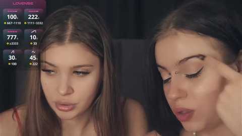 Media: Video of two young women with light skin, one with long brown hair and the other with dark hair, looking closely at a smartphone screen, showing various statistics.