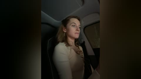 Media: Video of a fair-skinned woman with brown hair, wearing a beige sweater, sitting in a dimly lit car interior. She appears calm, gazing ahead.