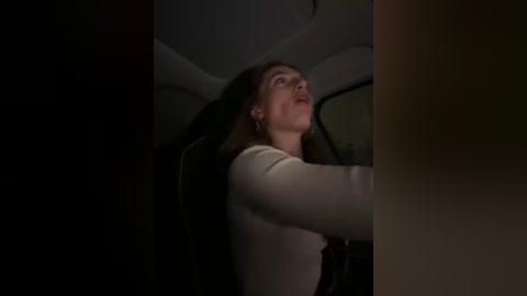 Media: A dimly lit video shows a woman in a white sweater, her head tilted back in apparent ecstasy, possibly in a car, with shadowy surroundings and a dark window framing her.