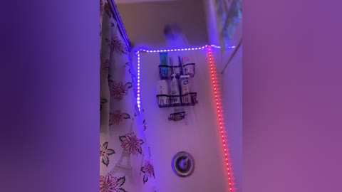 Media: Video of a narrow, dimly-lit shower stall with purple LED lights, white shower curtain with red and pink floral pattern, and a black-framed wall-mounted shelf holding toiletries.