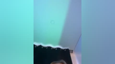 Media: A video shows a close-up view of a bathroom wall with a small hole near the ceiling, a black shower curtain with white trim, and a white ceiling corner. The background has a soft, blue-green hue.