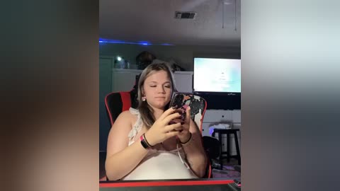 Media: Video of a young woman with fair skin, brown hair, wearing a sleeveless top, playing a video game on a red and black gaming chair in a dimly lit, cluttered room.