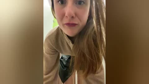 Media: Video of a young woman with fair skin, brown eyes, and long brown hair, wearing a beige sweater, leaning forward with a neutral expression, taken from a low angle, with blurred background.