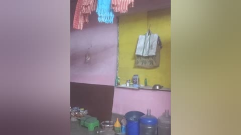 Media: Video of a small, brightly colored kitchen with pastel purple and yellow walls. Hanging utensils, a shelf with bottles, and a countertop with a blue kettle and green bowls.