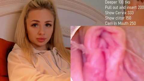 Media: A video shows a young blonde woman with straight hair, wearing a beige hoodie, sitting on a red couch. The image also includes a close-up of an enlarged cervix.