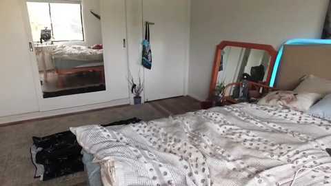 Media: Video of a neatly arranged bedroom with a large bed covered in a patterned duvet, a mirror, a window, and a wooden nightstand.