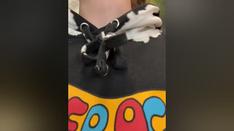 Media: A video of a person's neck, wearing a black t-shirt with \"GOAT\" in bold, colorful letters, and a black and white cow patterned scarf tied around the neck.