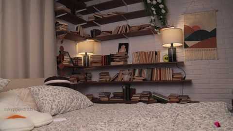 Media: A cozy bedroom video with a wooden bookshelf filled with books, two bedside lamps, and a patterned bedspread. The background features a textured white wall and a woven tapestry.