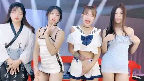 Media: Video of four Asian women in schoolgirl outfits, dancing and posing with playful expressions. Background features bright lights and a red bench.