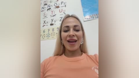 Media: Video of a smiling, blonde woman with fair skin, wearing an orange shirt, standing in a classroom with alphabet and number charts on the wall.