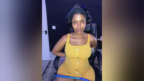 Media: Video of a Black woman with medium skin tone, wearing a mustard-yellow dress and blue panties, seated in a dark room with a brick wall and gaming chair.