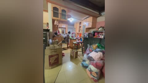 Media: Video of a cluttered, dimly lit kitchen with beige walls, wooden cabinets, and a tiled floor. Boxes, bags, and a dining table with chairs are visible.