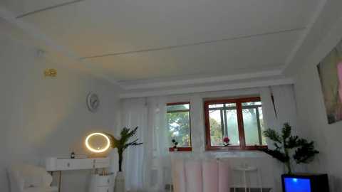 Media: A video of a minimalist bedroom with white walls, a round lighted mirror on a vanity, a TV, and a potted plant near a window with white curtains.