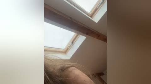 Media: Video of a person with light brown hair, viewed from below, looking up at a skylight in a bright, white room. The skylight is rectangular with wooden trim.