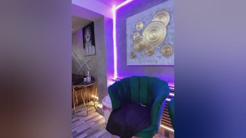 Media: Video of a modern, dimly lit living room with purple LED strip lights, green velvet armchair, wooden floor, abstract wall art, and a minimalist wooden side table.