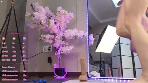 Media: Video of a nude woman with fair skin, small breasts, and a slender physique, kneeling on a wooden floor in a modern room with a cherry blossom plant, a sex toy, and studio lighting.