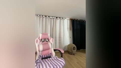 Media: Video of a minimalist, modern bedroom with a pink and white gaming chair, a fluffy cat bed, and sheer white curtains.