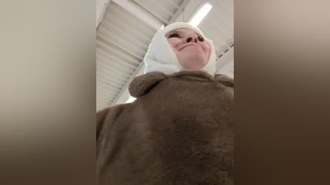 Media: A video of a person wearing a brown bear costume with a white hood, standing in a white industrial building with corrugated metal walls and fluorescent lighting. The person's face is obscured by the costume's hood.