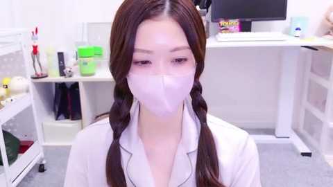 Media: Video of a young Asian woman with long, dark hair styled in braids, wearing a white lab coat and a white surgical mask, seated in a clean, modern lab setting.